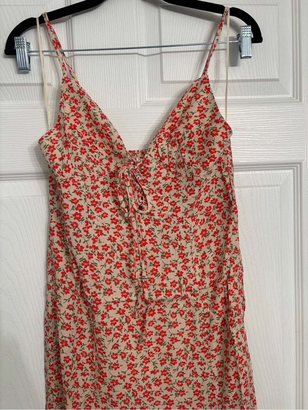 Red Floral Midi Dress on Cream Background